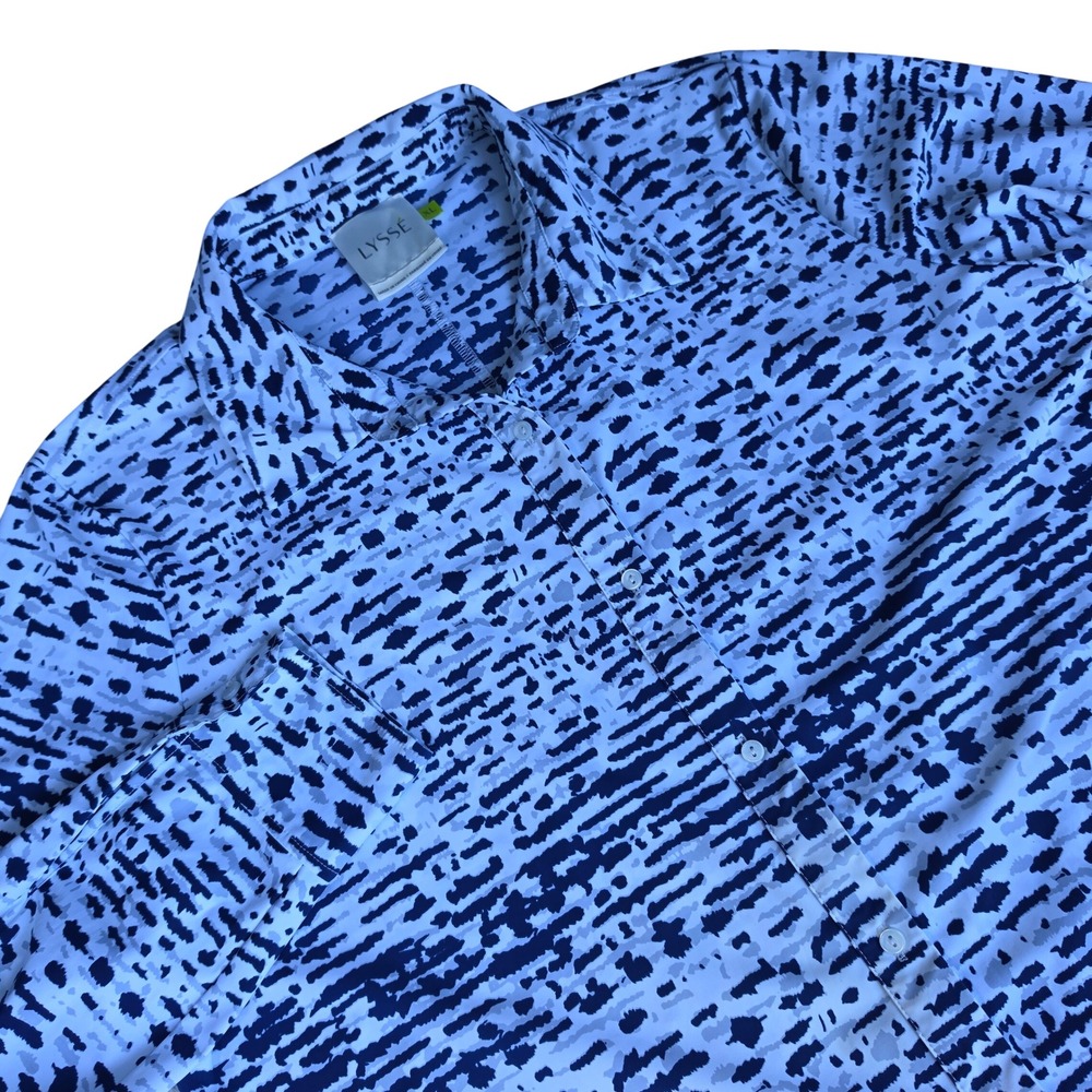 Lysse Connie Button Down Shirt Womens XL Blue White Stretch Blouse Travel Work